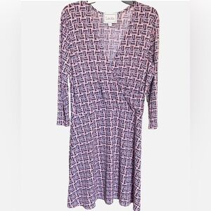 Leota Faux Wrap Midi Dress Large Geometric Stretch Work Office Career 3/4 Sleeve